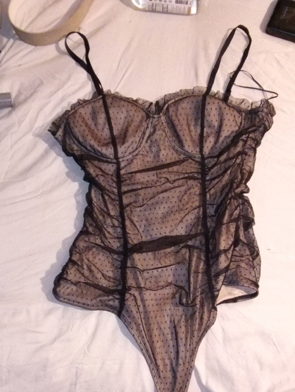 Black Sheer Polka-Dot Mesh Bodysuit Top